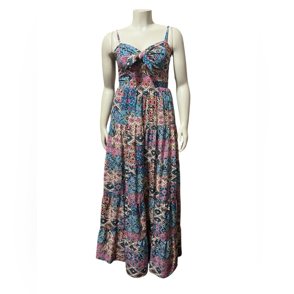 Eliza J 8 Sweetheart Tie Front Patchwork Print Crepe De Chine Maxi Dress Pockets - Picture 3 of 12